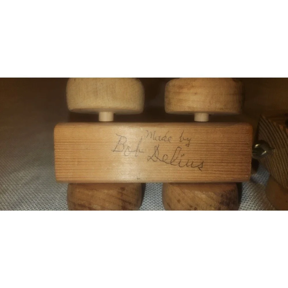 Vintage Handmade Wooden Train Locomotive and Car Signed